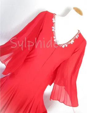 新品同様ドレス★スタンダード★赤&ベージュ★ファー★社交ダンス スタンダードドレス WS0604D レッド M 社交ダンス モダンドレス